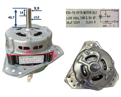 [02050699] MOTOR SECADO LAVADORA HYUNDAI EJE 12MM 70 WATT
